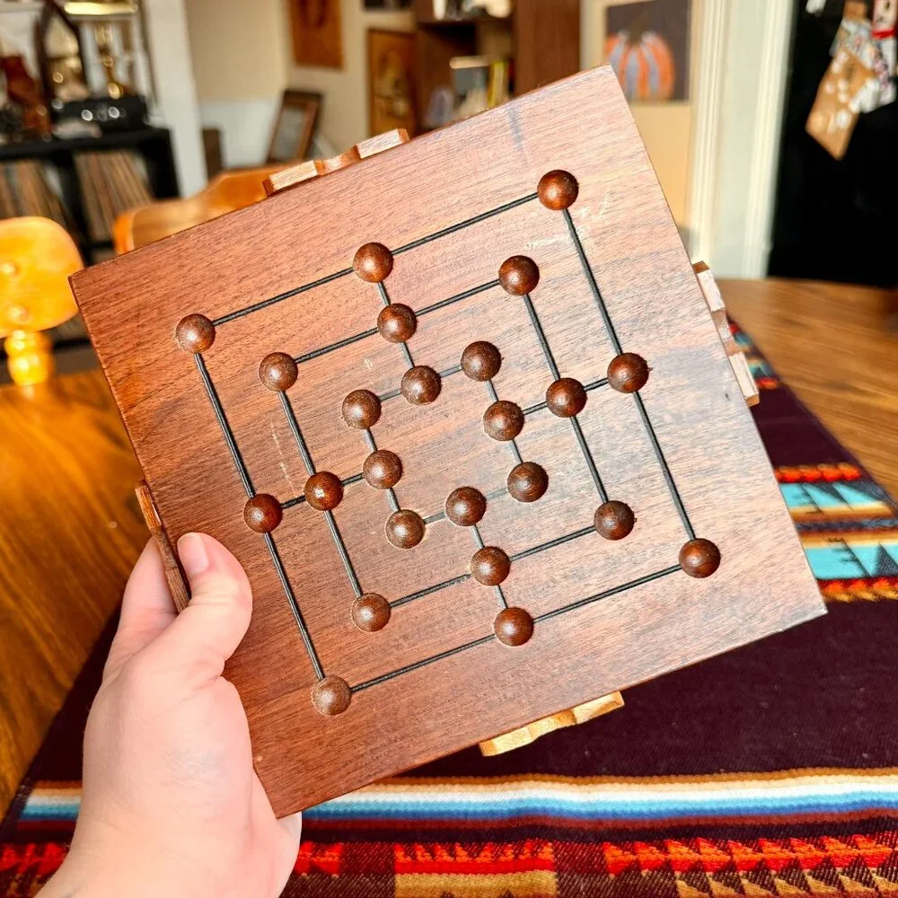 Handmade Vintage Solid Wood 9 Men's Morris Board Game with Marble Storage Slot - Picture 4 of 7